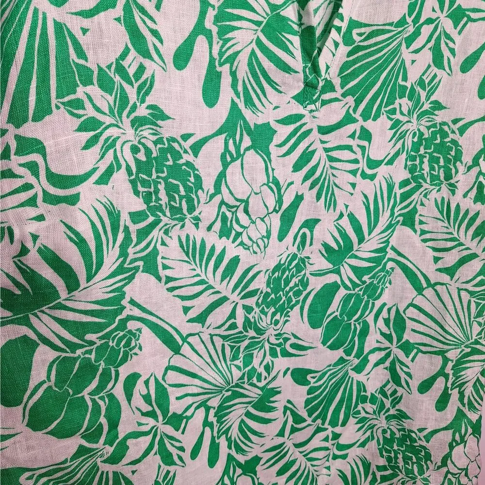 Nicole Miller 100% Linen Tunic Top 1X Pineapple Shells Palm Tropical Beach Green
